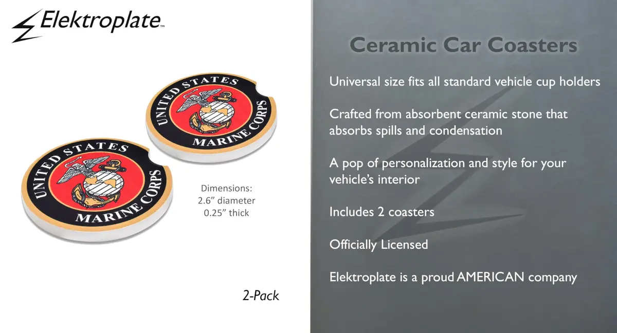 Elektroplate US Marine Corps Insignia Automotive Ceramic Coasters Set of 2 | Officially Licensed, Absorbent, Universal Fit - view 4