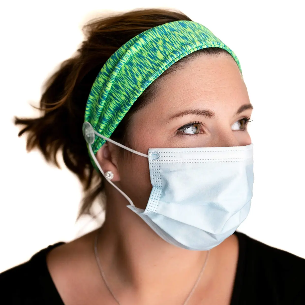 Three Little Tots Savior Band Headbands with Buttons for Mask Use, Green & Blue | Protects Ears from Mask Elastics - main product image