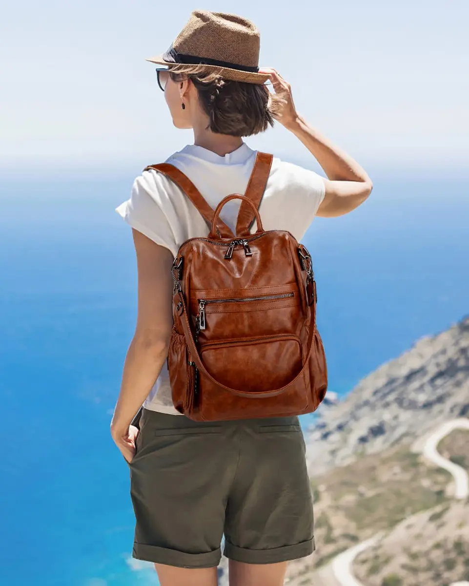 UTO Women Backpack Purse Oil Wax PU Leather Travel Shoulder Bag Brown B | Fits up to 14" Laptop - view 2
