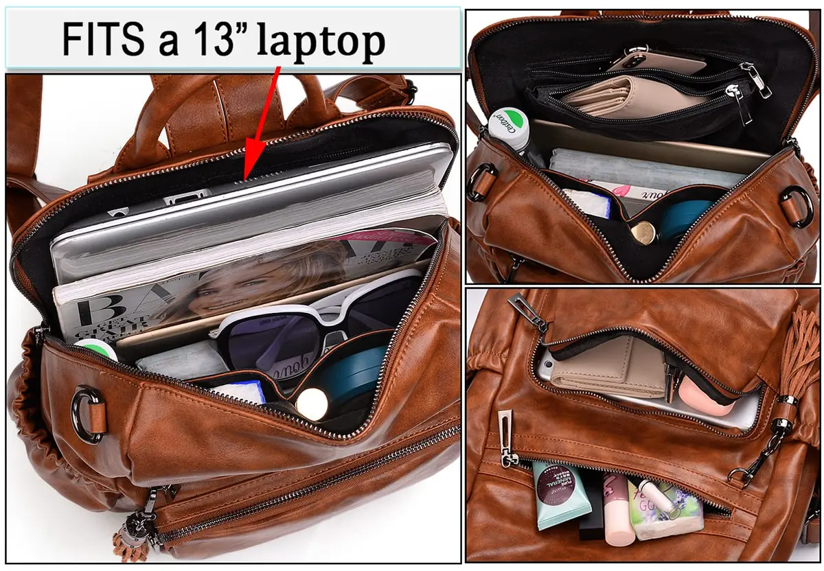 UTO Women Backpack Purse Oil Wax PU Leather Travel Shoulder Bag Brown B | Fits up to 14" Laptop - view 4