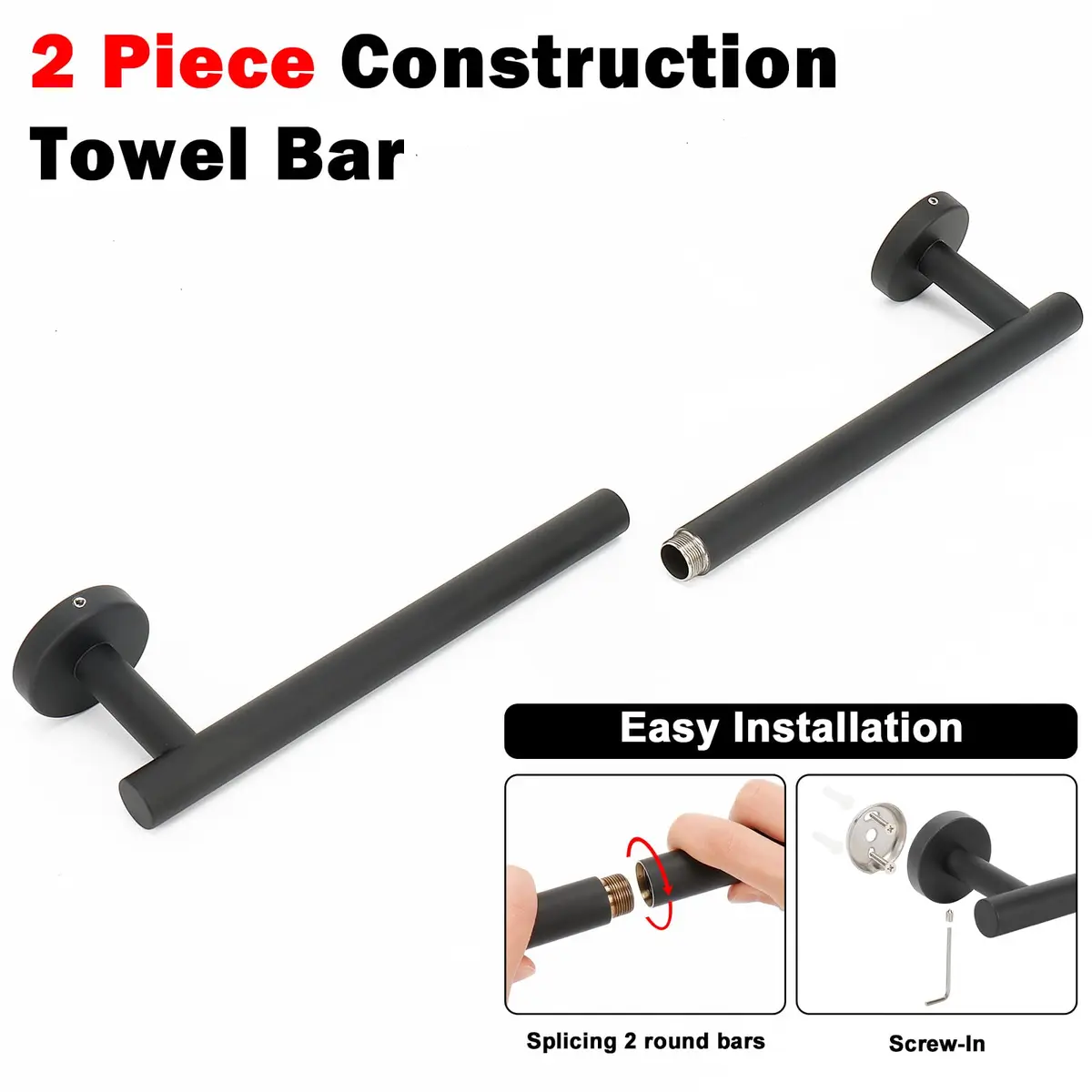 NearMoon Matte Black Stainless Steel Towel Bar | 50.8cm (20 Inch) Wall Mounted Holder - view 4