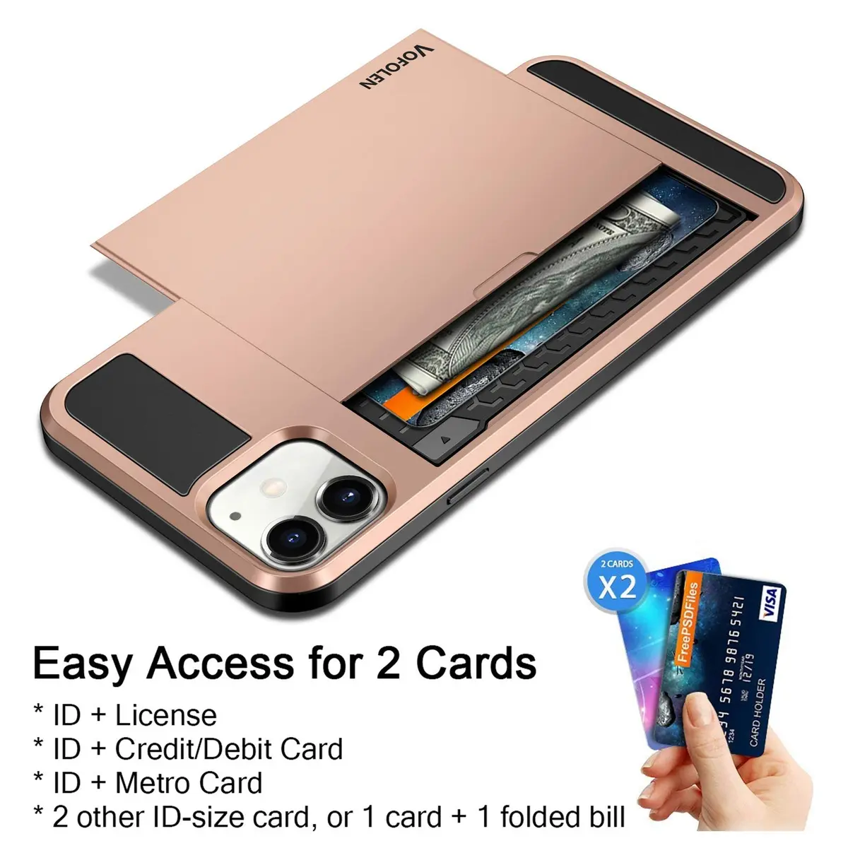 Vofolen Rose Gold Wallet Case for iPhone 12 Mini (5.4 inch) | Holds 2 Cards, Slim Hybrid Design - view 3
