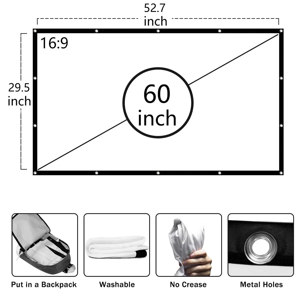 Jscreen 60 inch Projector Screen 16:9 HD Foldable Anti-Crease Portable Projection Movies Screen for Home Theater Outdoor Indoor Support Double Sided Projection - view 4