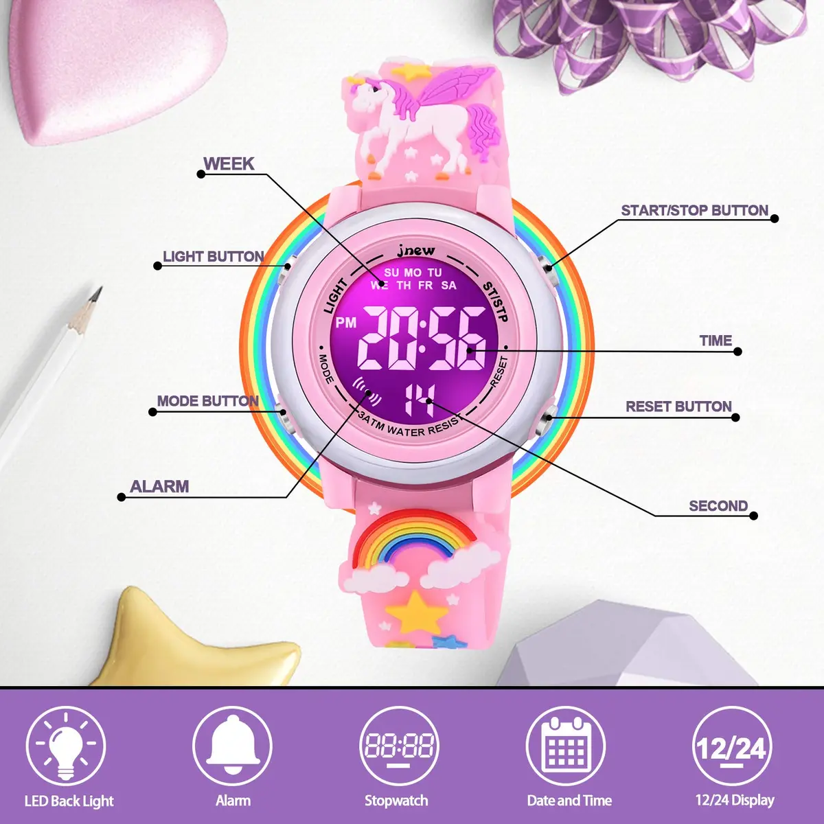 VAPCUFF Unicorn Kids Watch for Girls Ages 3-12, Pink Silicone Strap | Fun Cartoon Analog-Digital Watch with LED Light - view 2