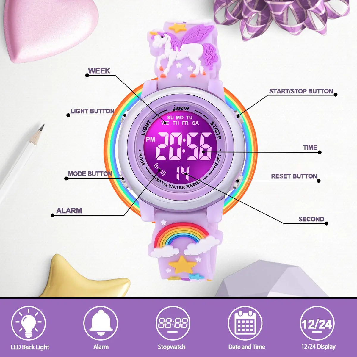 VAPCUFF Unicorn Purple Kids Watch for Girls Age 3-12 | Digital Time Teacher with LED Light & 30M Water Resistance - view 2