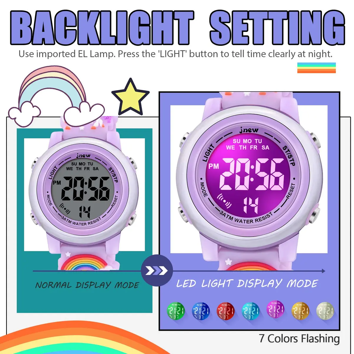 VAPCUFF Unicorn Purple Kids Watch for Girls Age 3-12 | Digital Time Teacher with LED Light & 30M Water Resistance - view 3