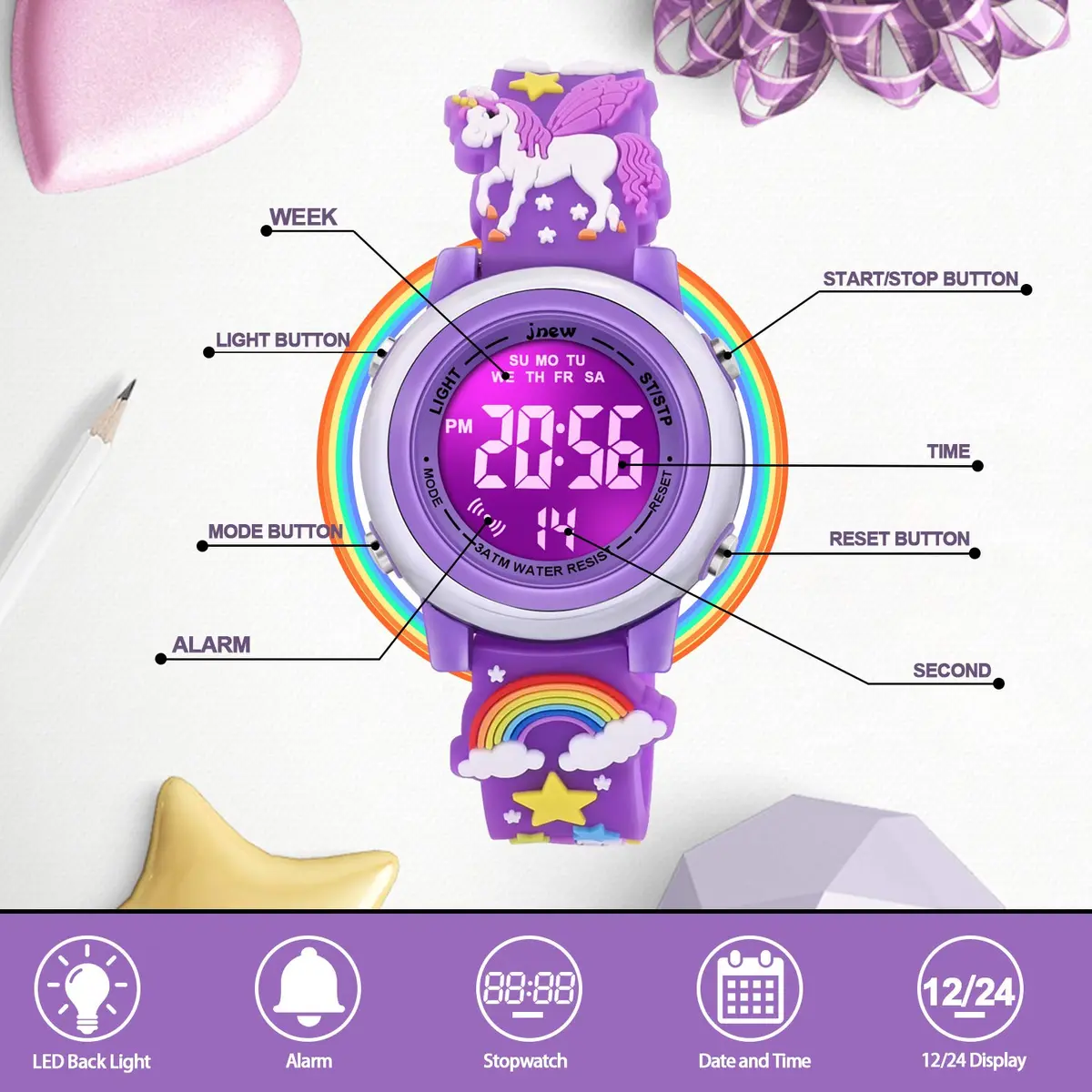 VAPCUFF Unicorn Watch for Girls Age 3-12 | 30M Waterproof Digital Toy Watch with LED Light - view 2