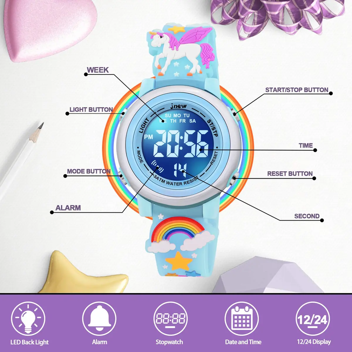 VAPCUFF Unicorn Watch for Girls 3-12 Years, Blue Silicone Strap | Digital LED Light-Up Toy Watch - view 2