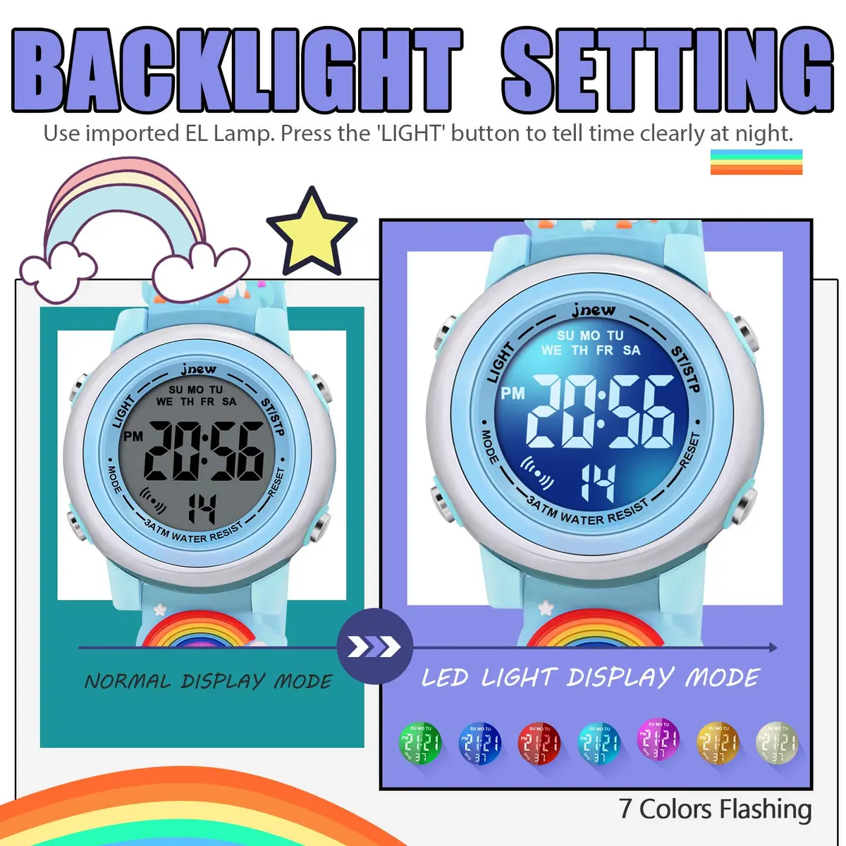 VAPCUFF Unicorn Watch for Girls 3-12 Years, Blue Silicone Strap | Digital LED Light-Up Toy Watch - view 3