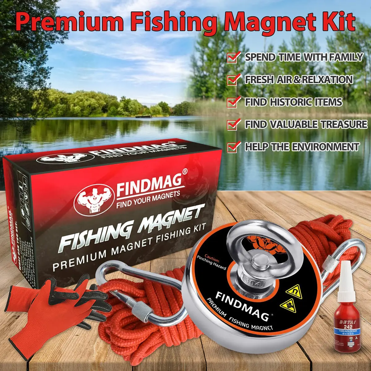FINDMAG 500 LB Neodymium Fishing Magnet Kit 60mm (2.36 Inch) Diameter | Heavy Duty Underwater Retrieving Tool - view 2