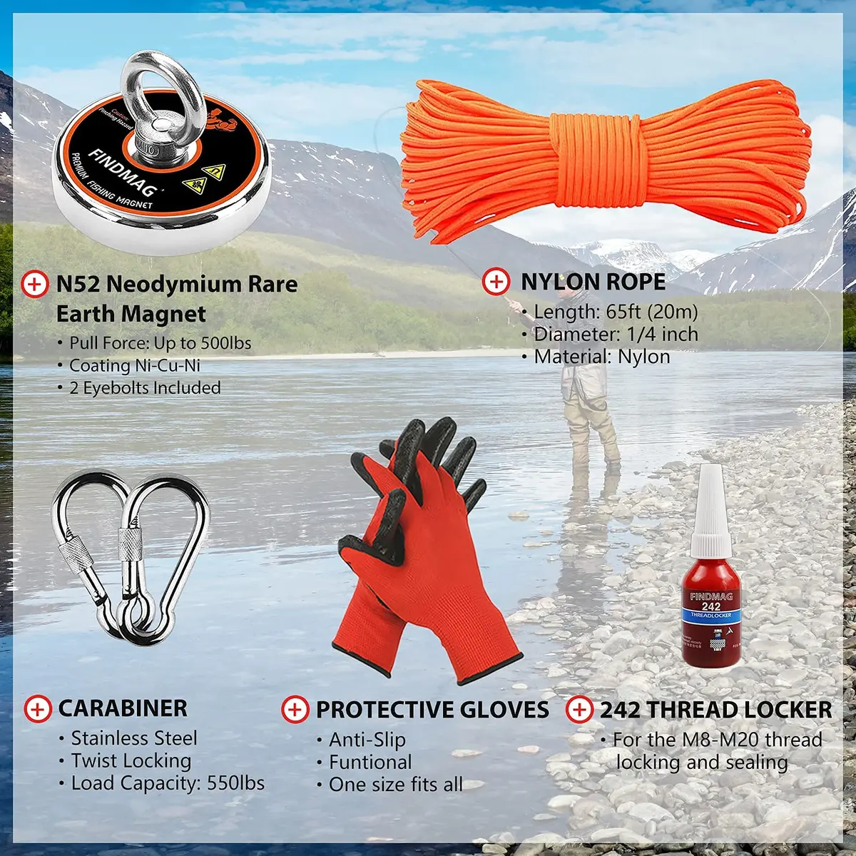 FINDMAG 500 LB Neodymium Fishing Magnet Kit 60mm (2.36 Inch) Diameter | Heavy Duty Underwater Retrieving Tool - view 3