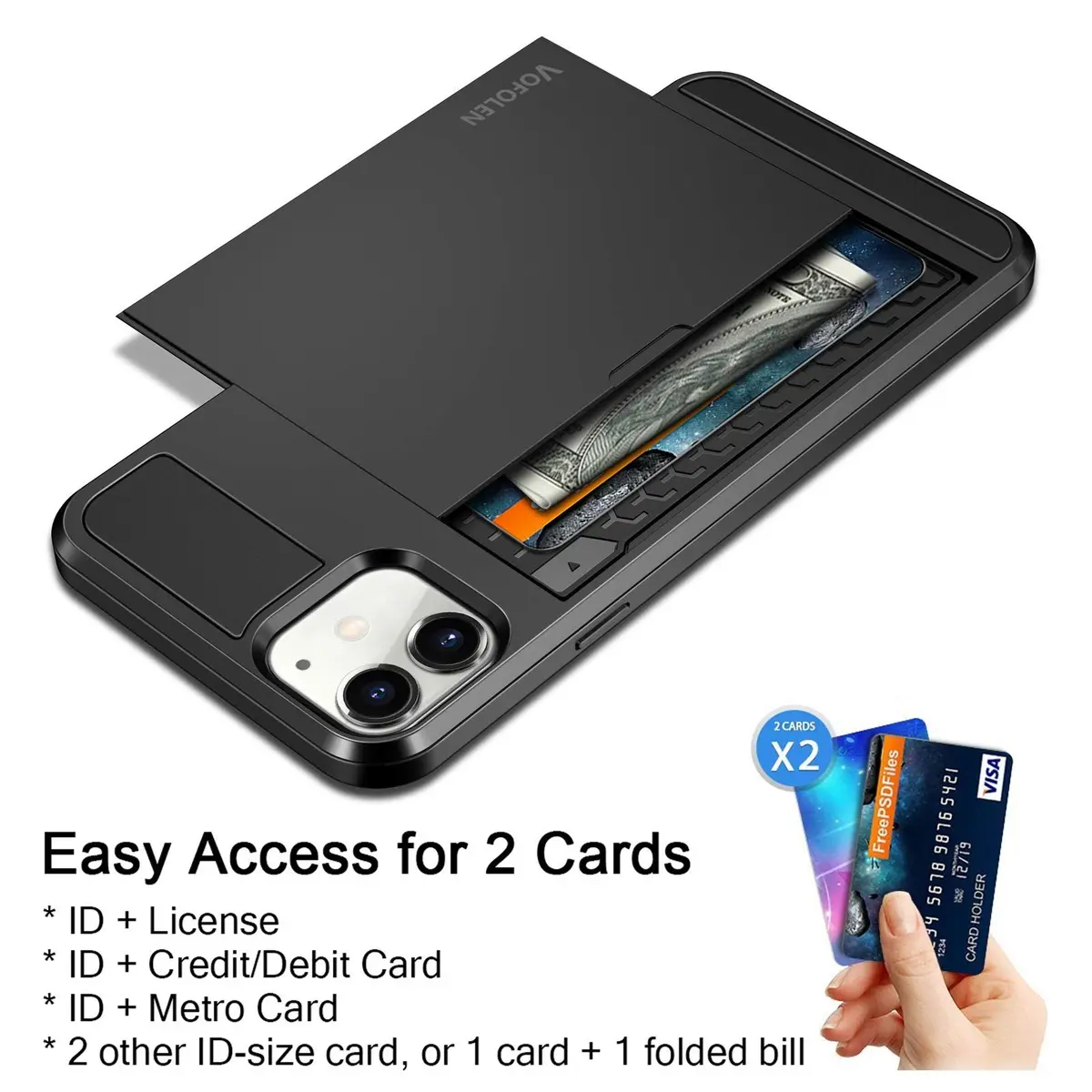 Vofolen Black Wallet Case for iPhone 12 Mini (5.4 Inch) | Hidden Card Holder & Shockproof Protection - view 3
