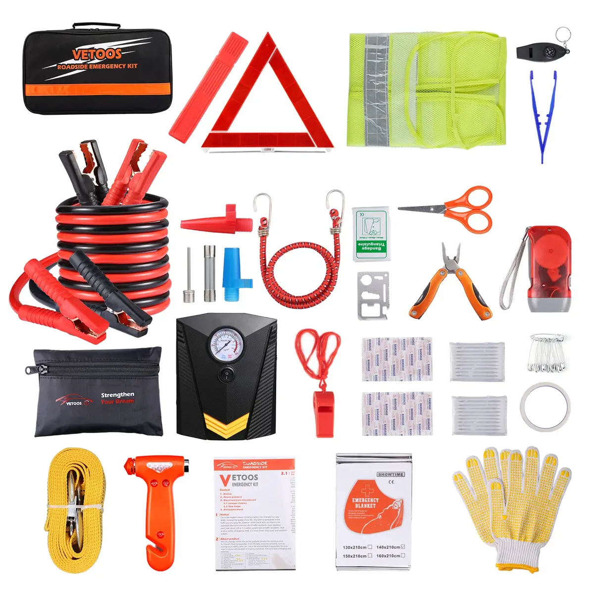 Vetoos Car Emergency Roadside Kit with Jumper Cables | Portable Air Compressor & Safety Tools - main product image