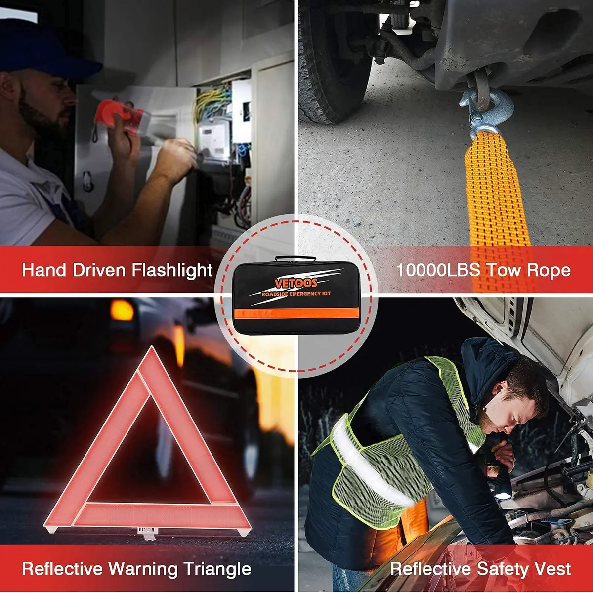 Vetoos Car Emergency Roadside Kit with Jumper Cables | Portable Air Compressor & Safety Tools - view 7
