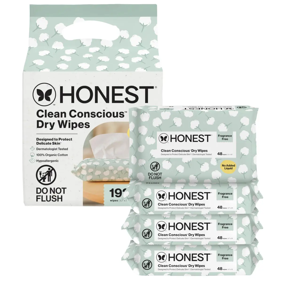 The Honest Company Organic Cotton Dry Wipes 192 Count | Hypoallergenic & Fragrance-Free for Sensitive Skin - main product image