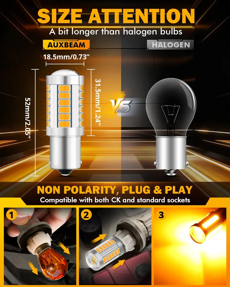 Auxbeam 1156 Amber Yellow LED Turn Signal Bulbs 3500K (BA15S P21W) | 4000 Lumens Brightness - view 2