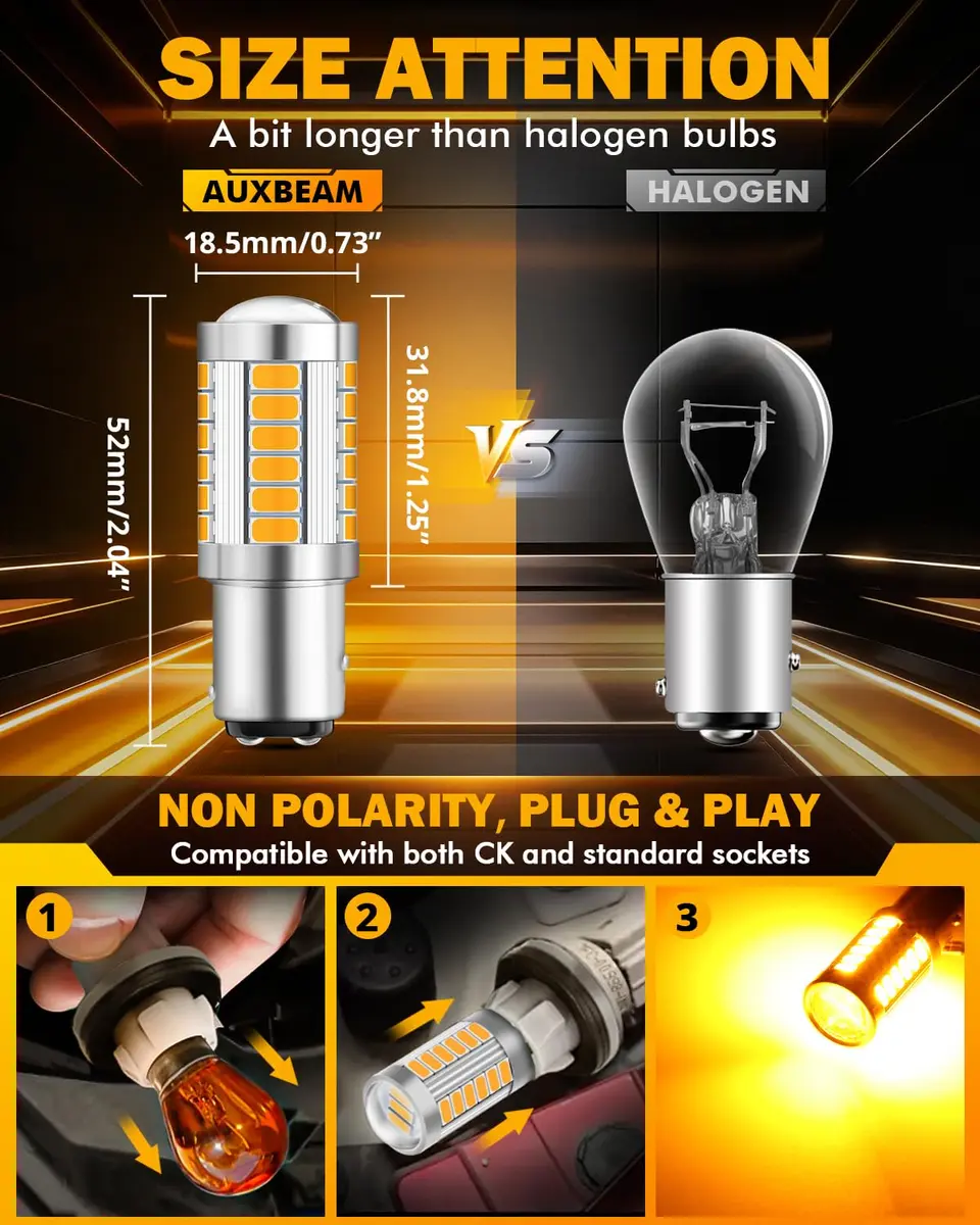 Auxbeam 1157 Amber Yellow LED Bulbs 2-Pack | 3500K Bright Amber, 4000 Lumens/Pair - view 2
