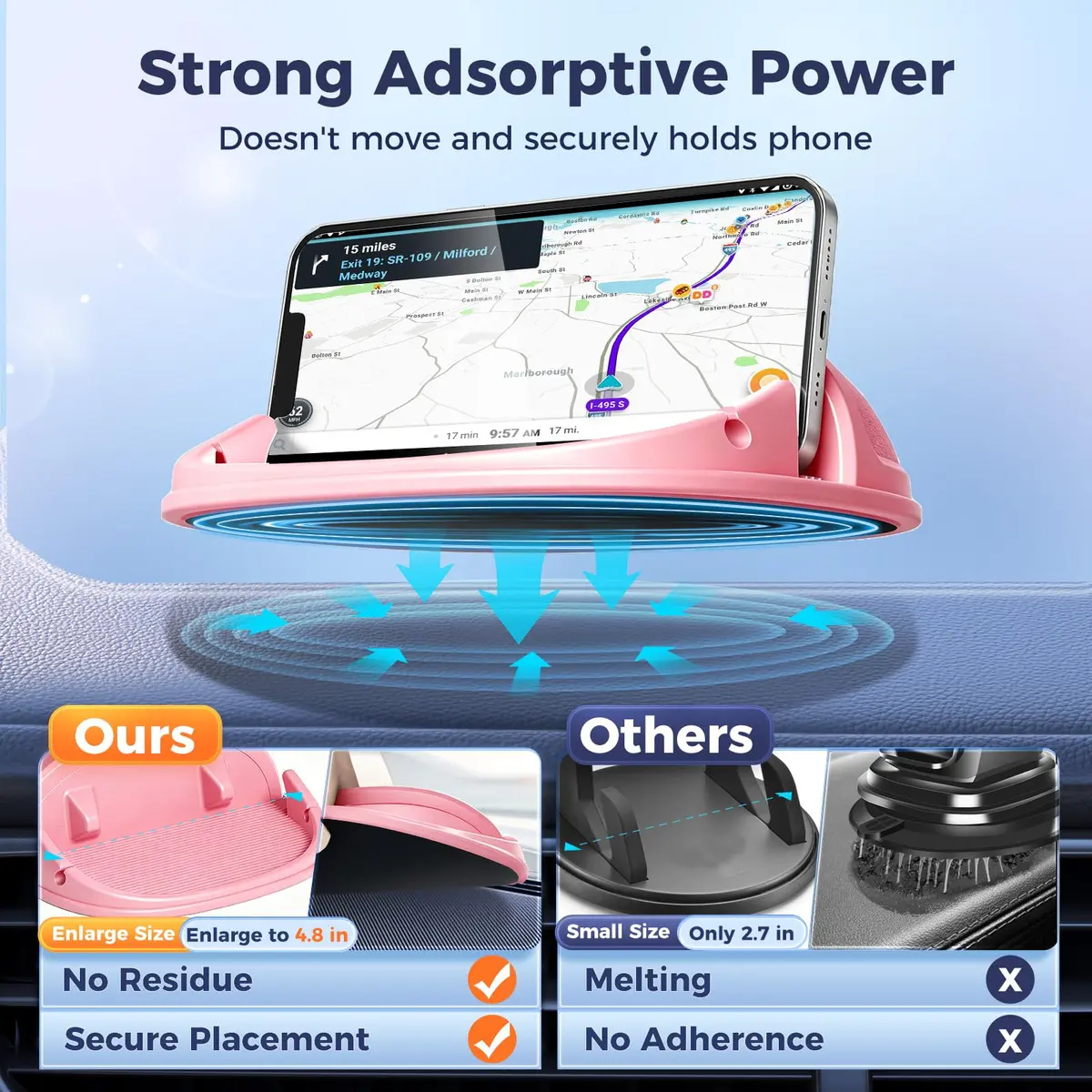 Loncaster Pink Silicone Car Phone Holder Mat 17.8cm (7in) | Stable Slip-Free Dashboard Mount - view 2