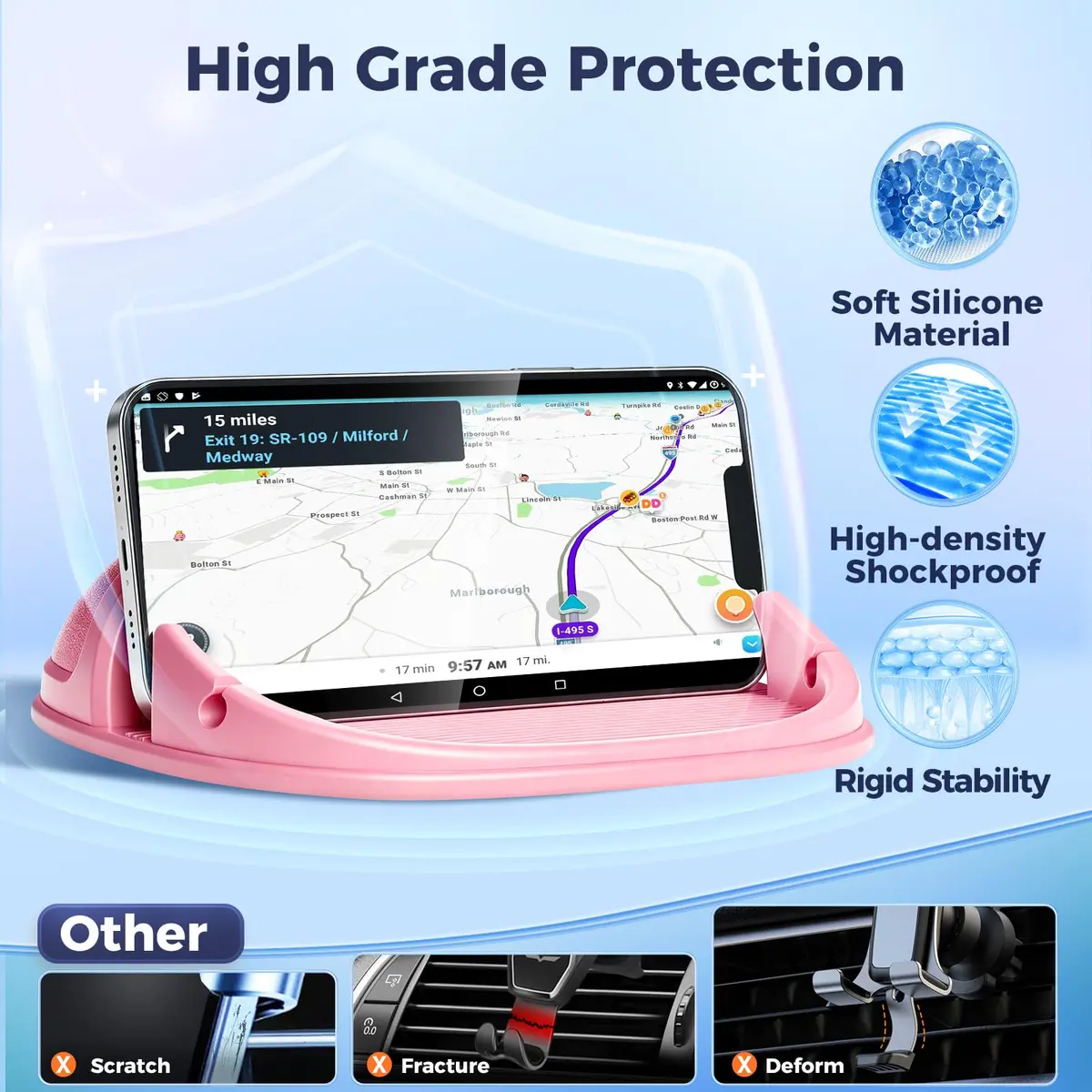 Loncaster Pink Silicone Car Phone Holder Mat 17.8cm (7in) | Stable Slip-Free Dashboard Mount - view 3