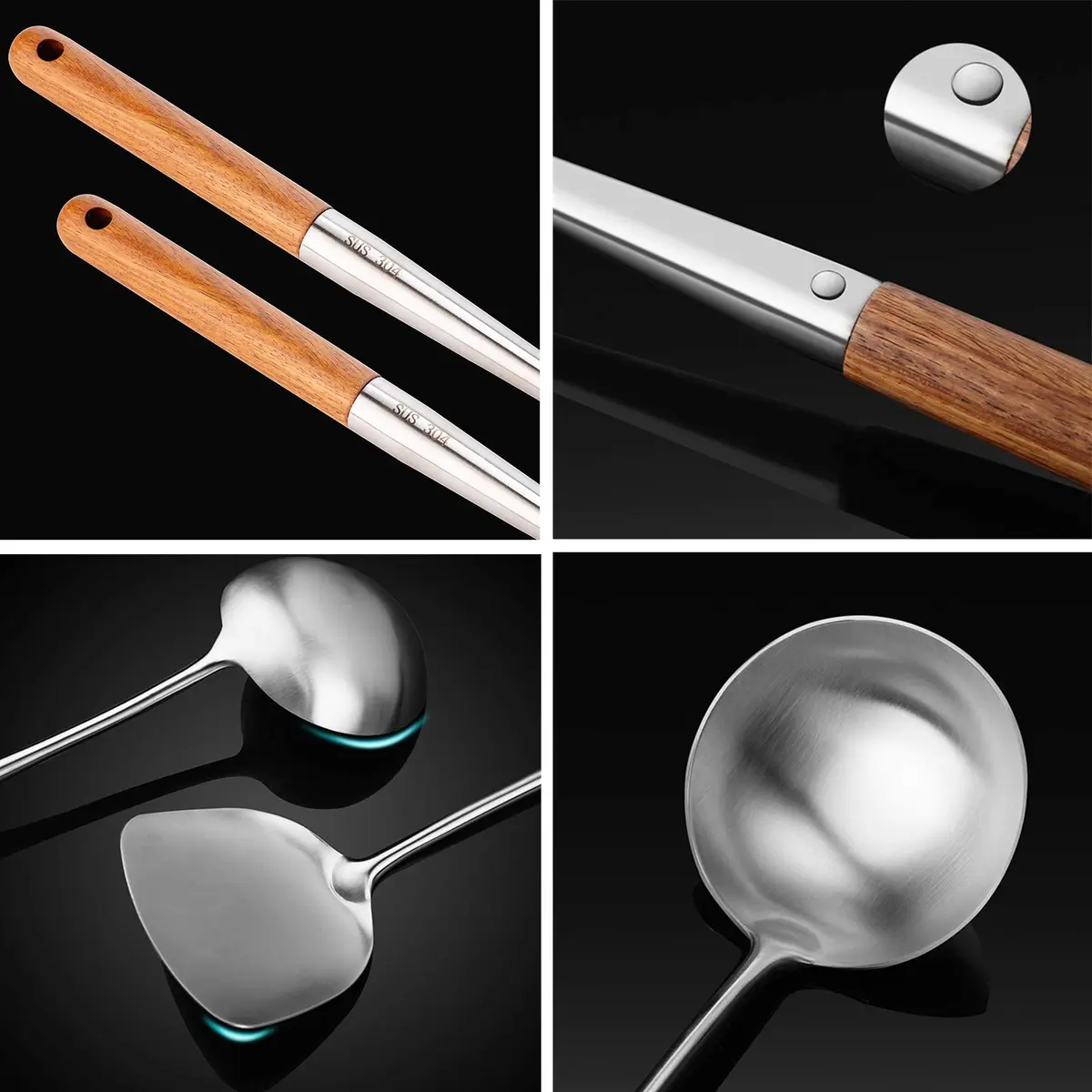 FJNATINH Wok Spatula and Ladle Set | 17in Stainless Steel Cooking Utensils for Wok - view 7