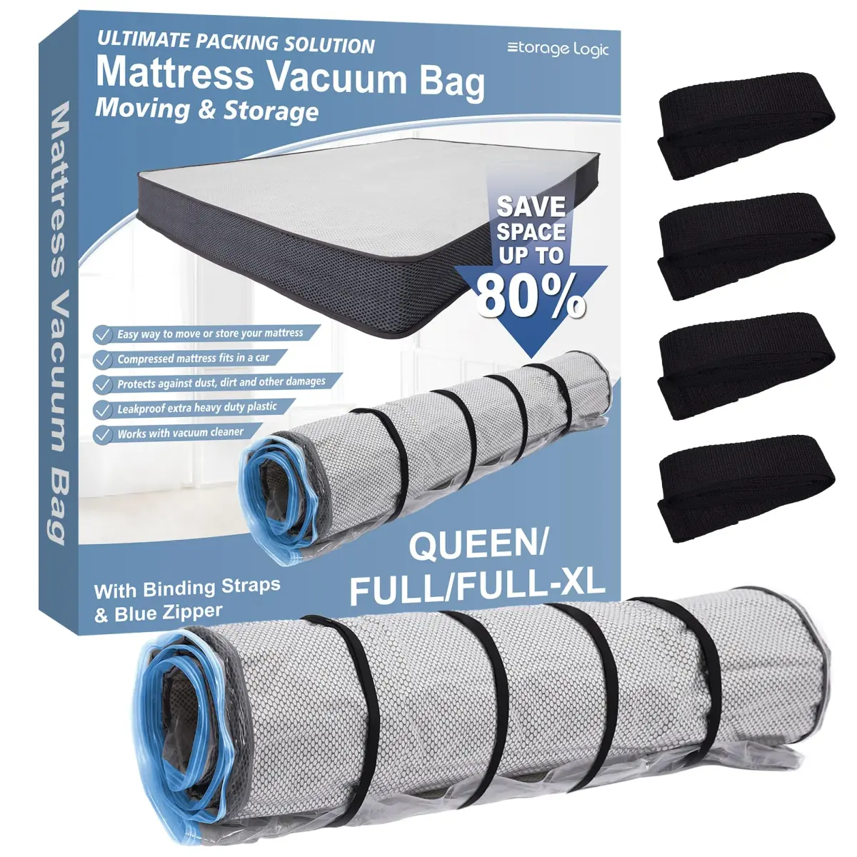 Storage Logic Mattress Vacuum Bag Queen/Full/Full-XL with Blue Zipper & Straps | Compresses Mattress for Moving & Storage - main product image