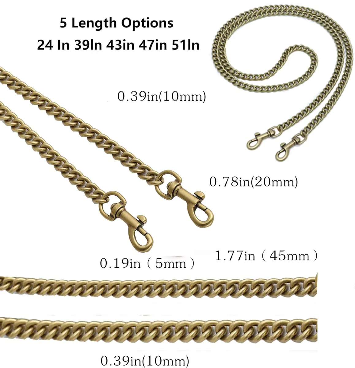 OAikor Antique Gold Flat Bag Chain Strap 100cm (39") | Metal Purse Chain for DIY Handbags - view 2
