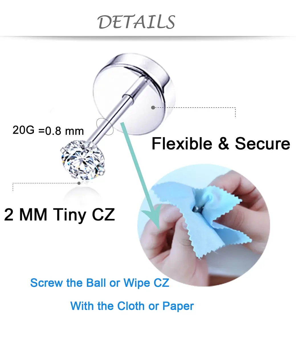 Tornito Tiny Cartilage Earrings 20G Stainless Steel Small Round CZ Set for Men Women | 10 Pairs - view 2