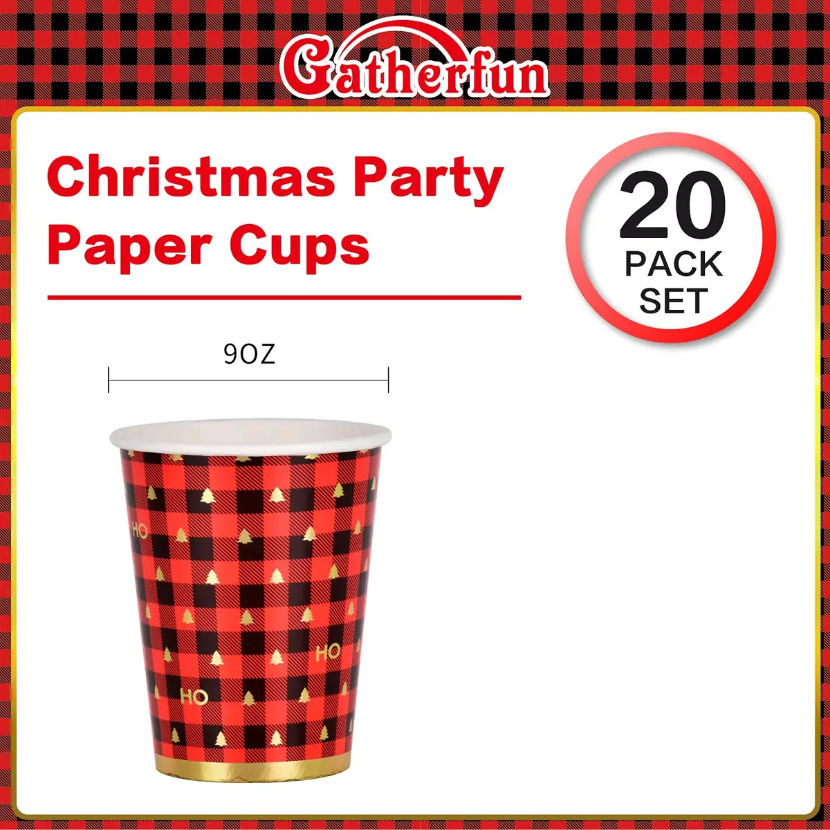 Gatherfun Christmas Plaid Paper Cups 237ml (8 OZ) | Red Black Gold Design - view 2