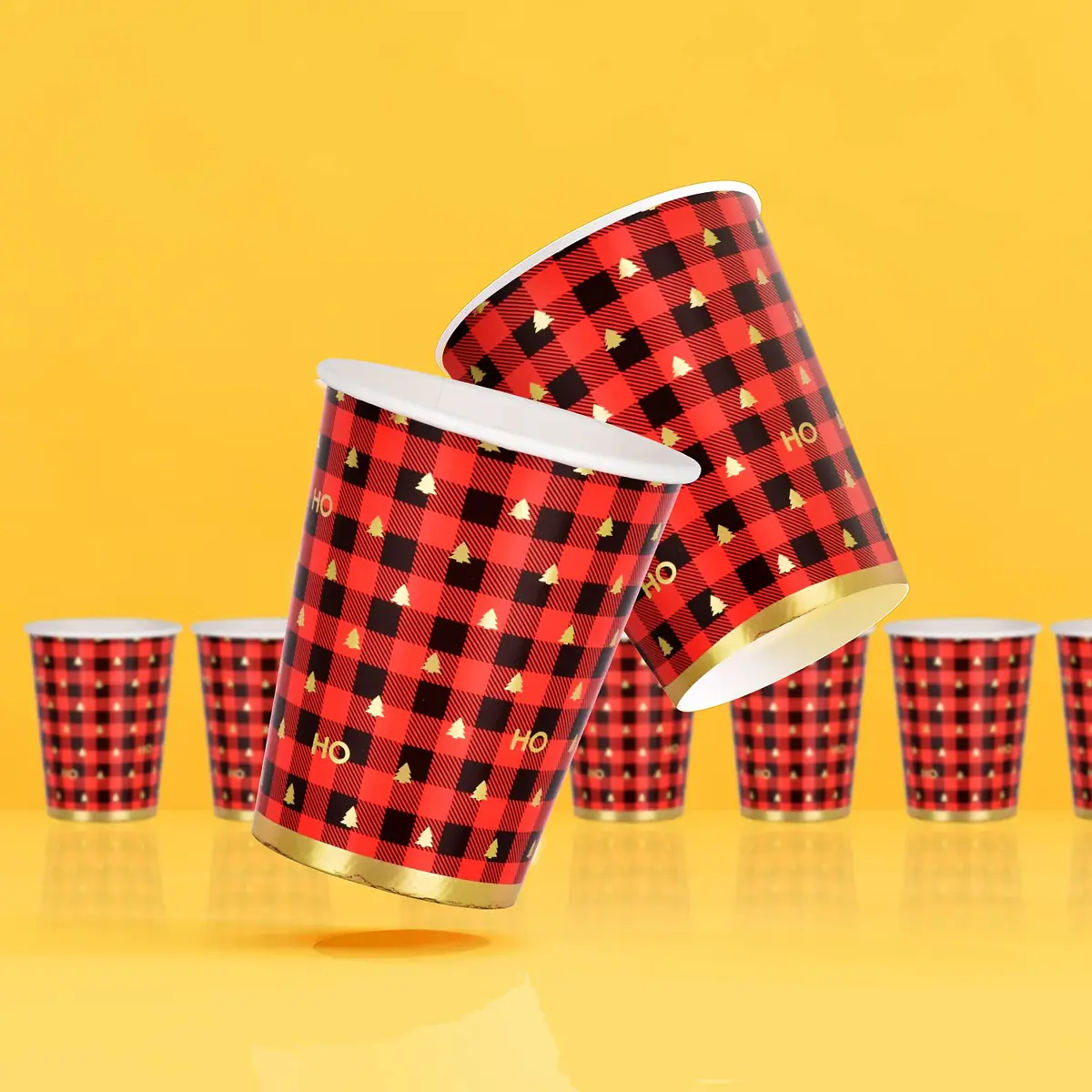 Gatherfun Christmas Plaid Paper Cups 237ml (8 OZ) | Red Black Gold Design - view 3
