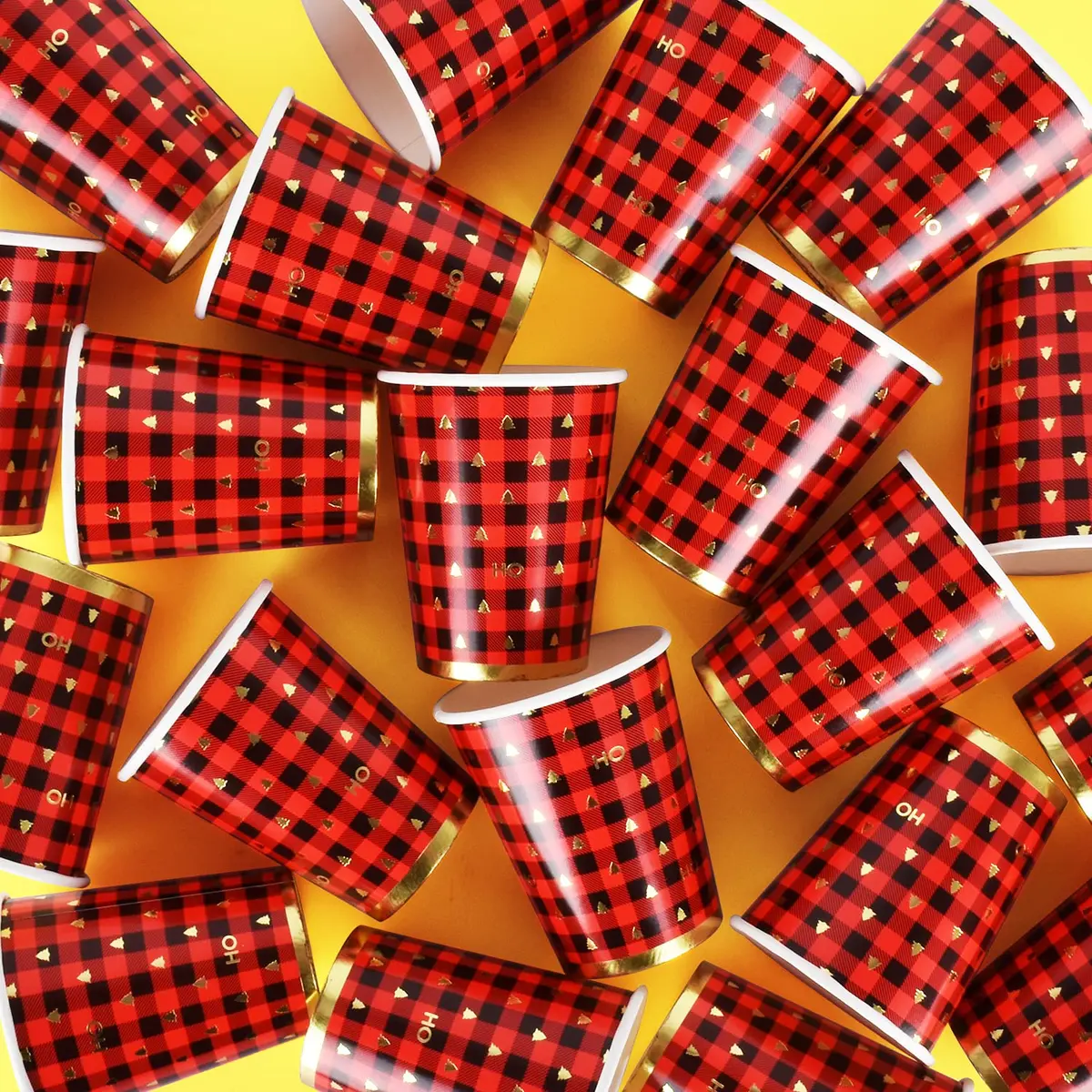 Gatherfun Christmas Plaid Paper Cups 237ml (8 OZ) | Red Black Gold Design - view 4