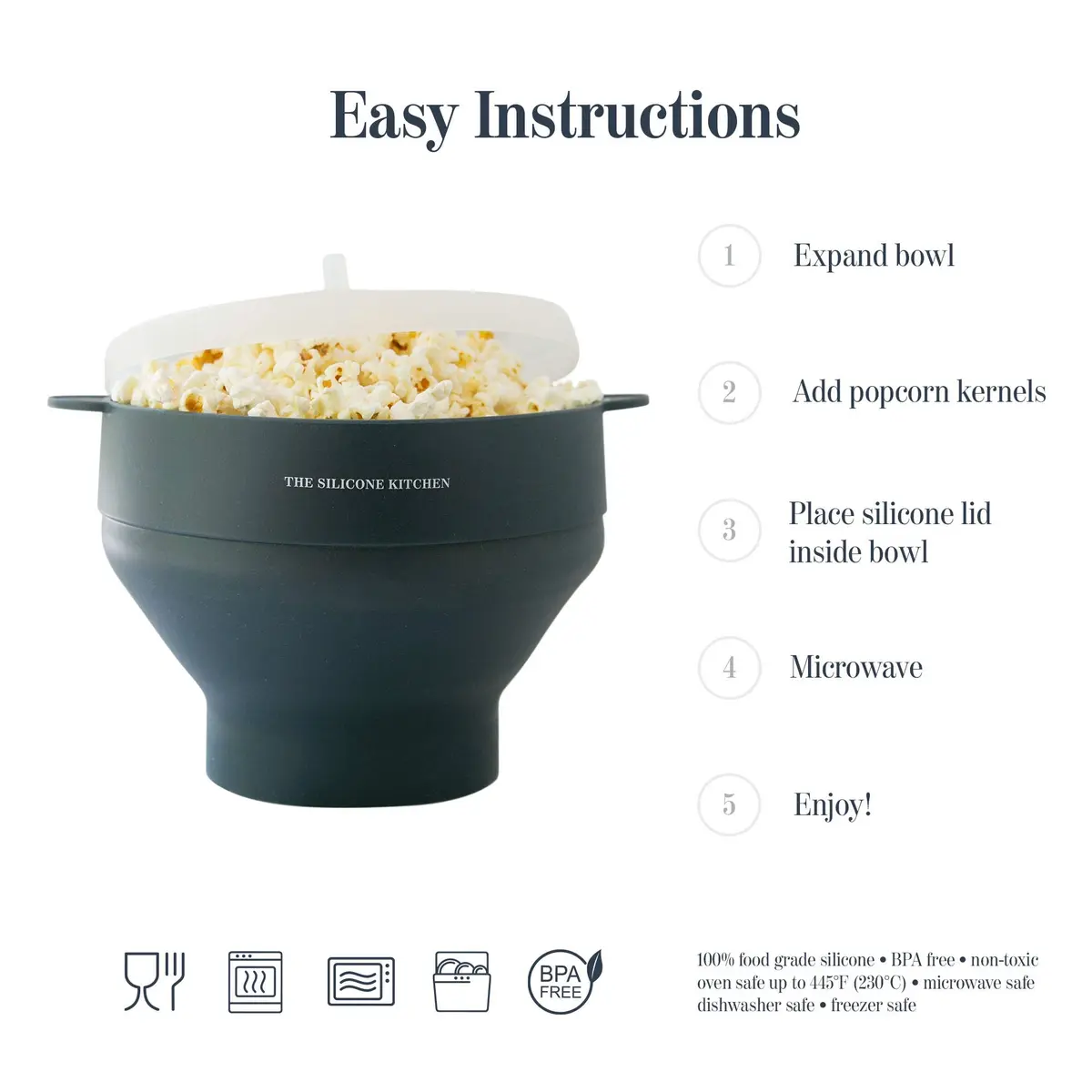 The Silicone Kitchen Silicone Microwave Popcorn Maker Collapsible Bowl | Non-Toxic, Dishwasher Safe, Dark Blue - view 7