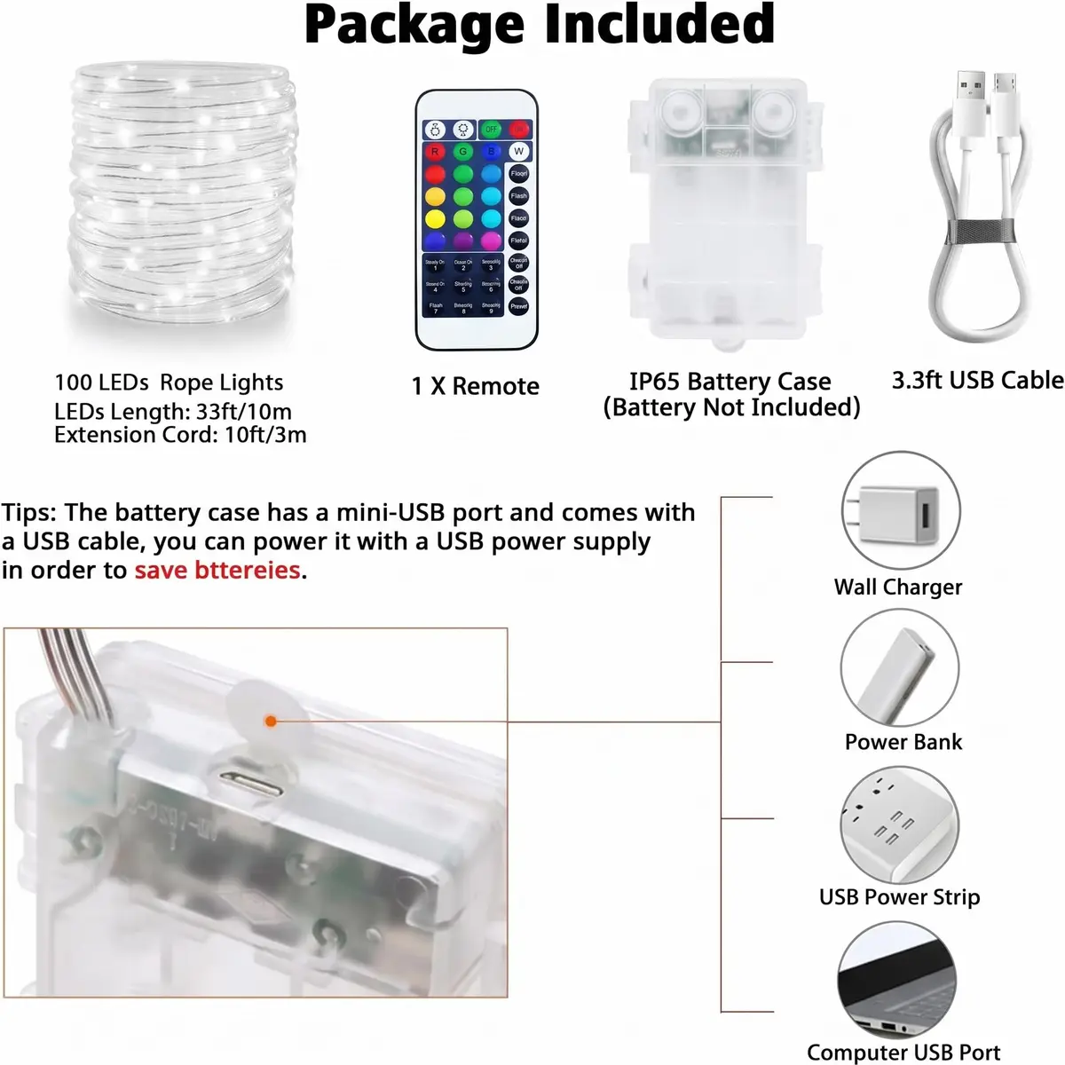 OMIKA 33ft 100 LED Rope Lights | 16 Color Changing, 132 Modes, Battery & USB Powered - view 5