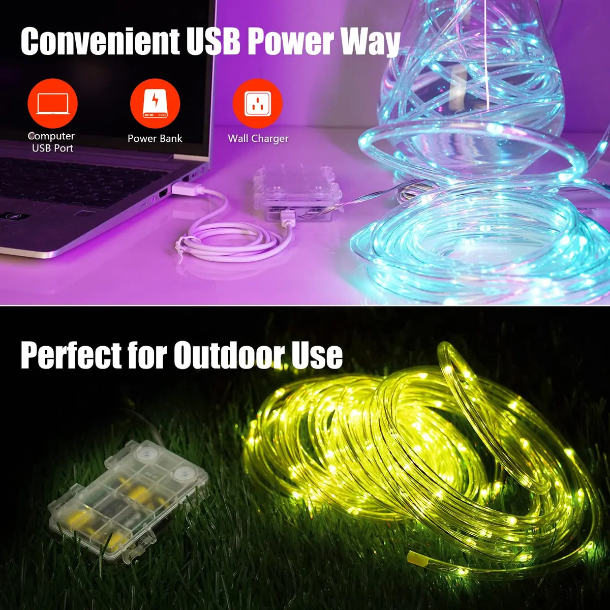 OMIKA 33ft 100 LED Rope Lights | 16 Color Changing, 132 Modes, Battery & USB Powered - view 3