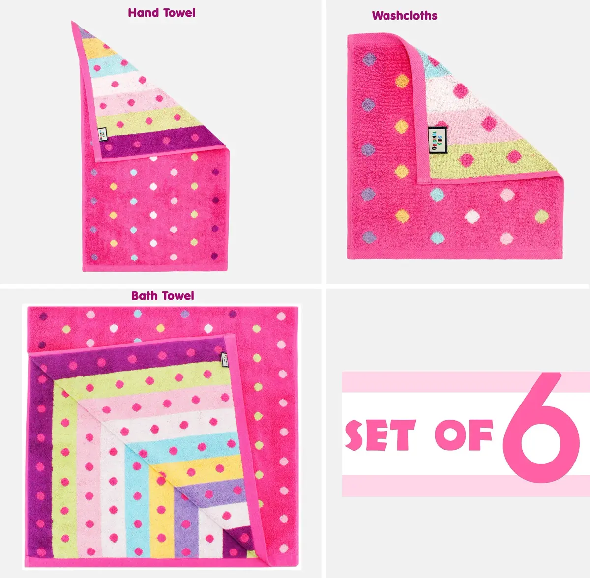 ORIGINAL KIDS 6 Piece Towel Set - Pink Multi Color | 2 Bath, 2 Hand, 2 Wash Cloths | 100% Cotton - view 5