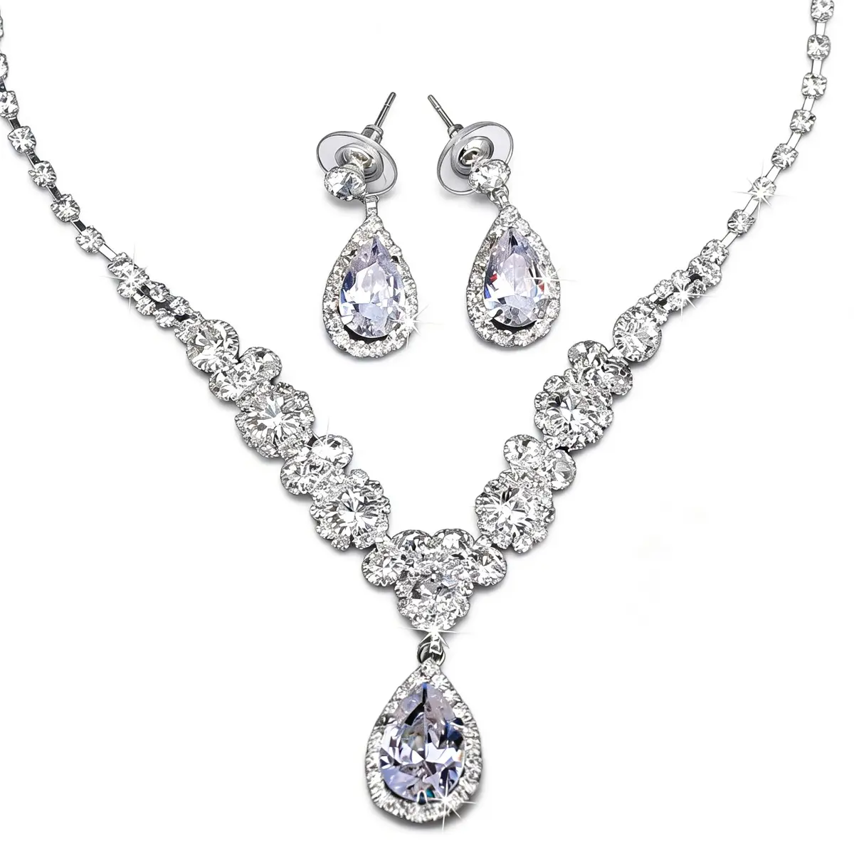 COCIDE Bride Jewelry Set Silver Crystal Wedding Necklace Earrings Bridal Rhinestone Teardrop Pendant Accessories (3 Piece Set, 45cm) - main product image