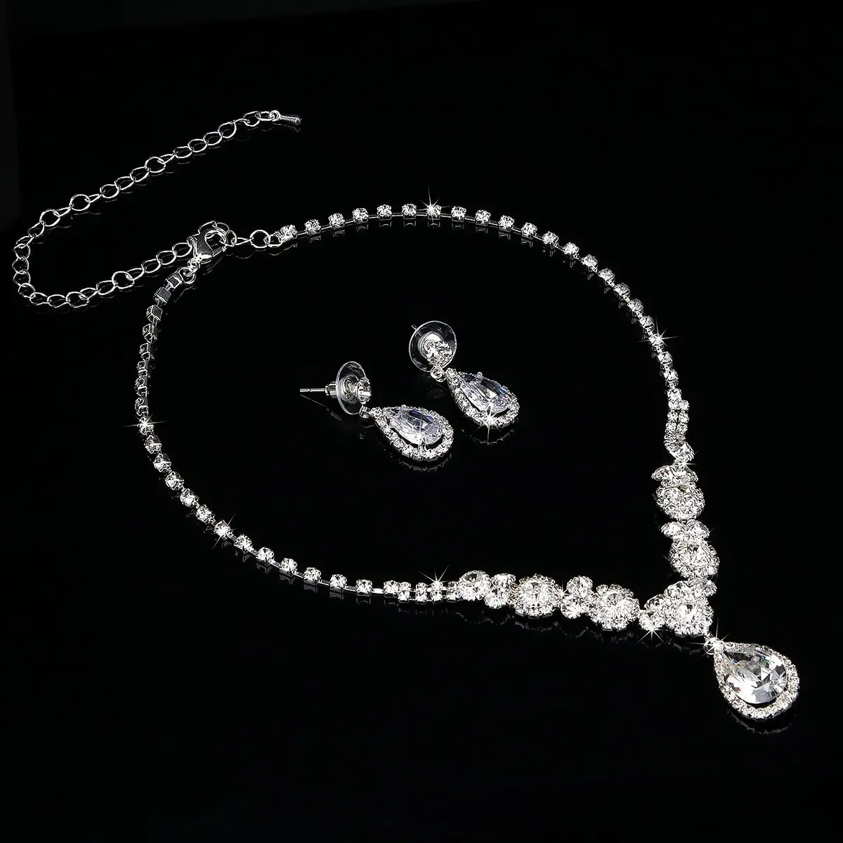 COCIDE Bride Jewelry Set Silver Crystal Wedding Necklace Earrings Bridal Rhinestone Teardrop Pendant Accessories (3 Piece Set, 45cm) - view 5