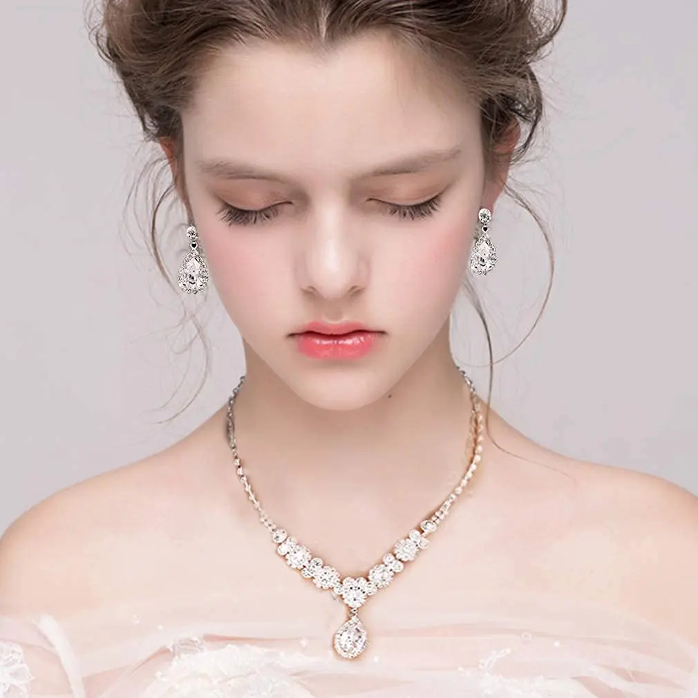 COCIDE Bride Jewelry Set Silver Crystal Wedding Necklace Earrings Bridal Rhinestone Teardrop Pendant Accessories (3 Piece Set, 45cm) - view 7