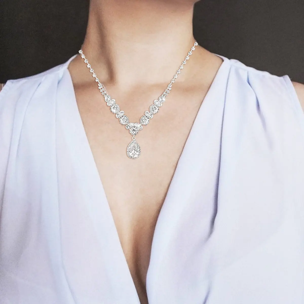COCIDE Bride Jewelry Set Silver Crystal Wedding Necklace Earrings Bridal Rhinestone Teardrop Pendant Accessories (3 Piece Set, 45cm) - view 8