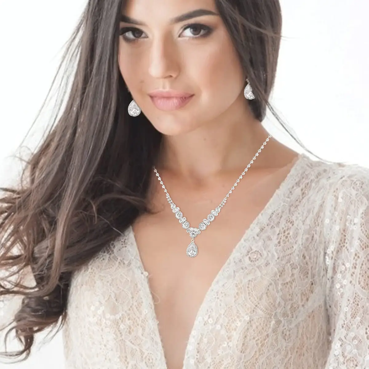 COCIDE Bride Jewelry Set Silver Crystal Wedding Necklace Earrings Bridal Rhinestone Teardrop Pendant Accessories (3 Piece Set, 45cm) - view 9