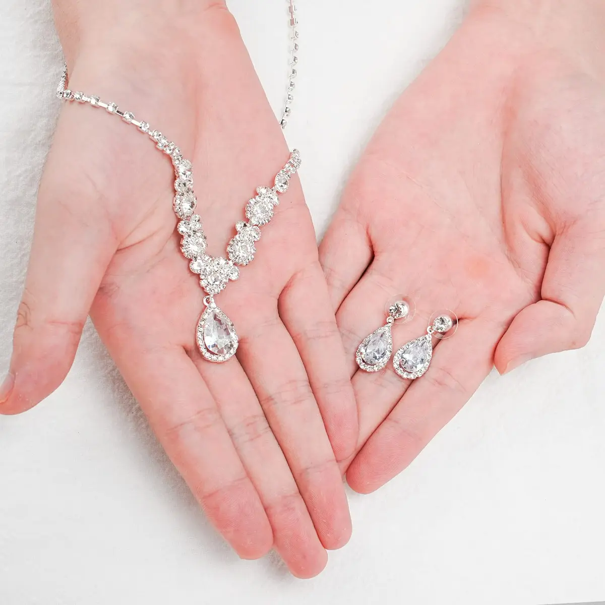 COCIDE Bride Jewelry Set Silver Crystal Wedding Necklace Earrings Bridal Rhinestone Teardrop Pendant Accessories (3 Piece Set, 45cm) - view 2