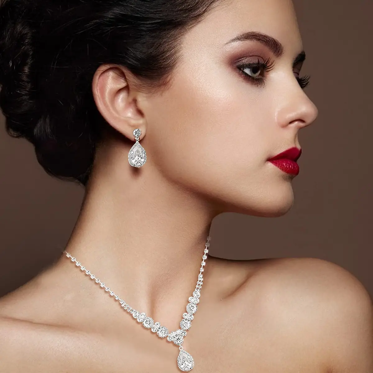 COCIDE Bride Jewelry Set Silver Crystal Wedding Necklace Earrings Bridal Rhinestone Teardrop Pendant Accessories (3 Piece Set, 45cm) - view 3