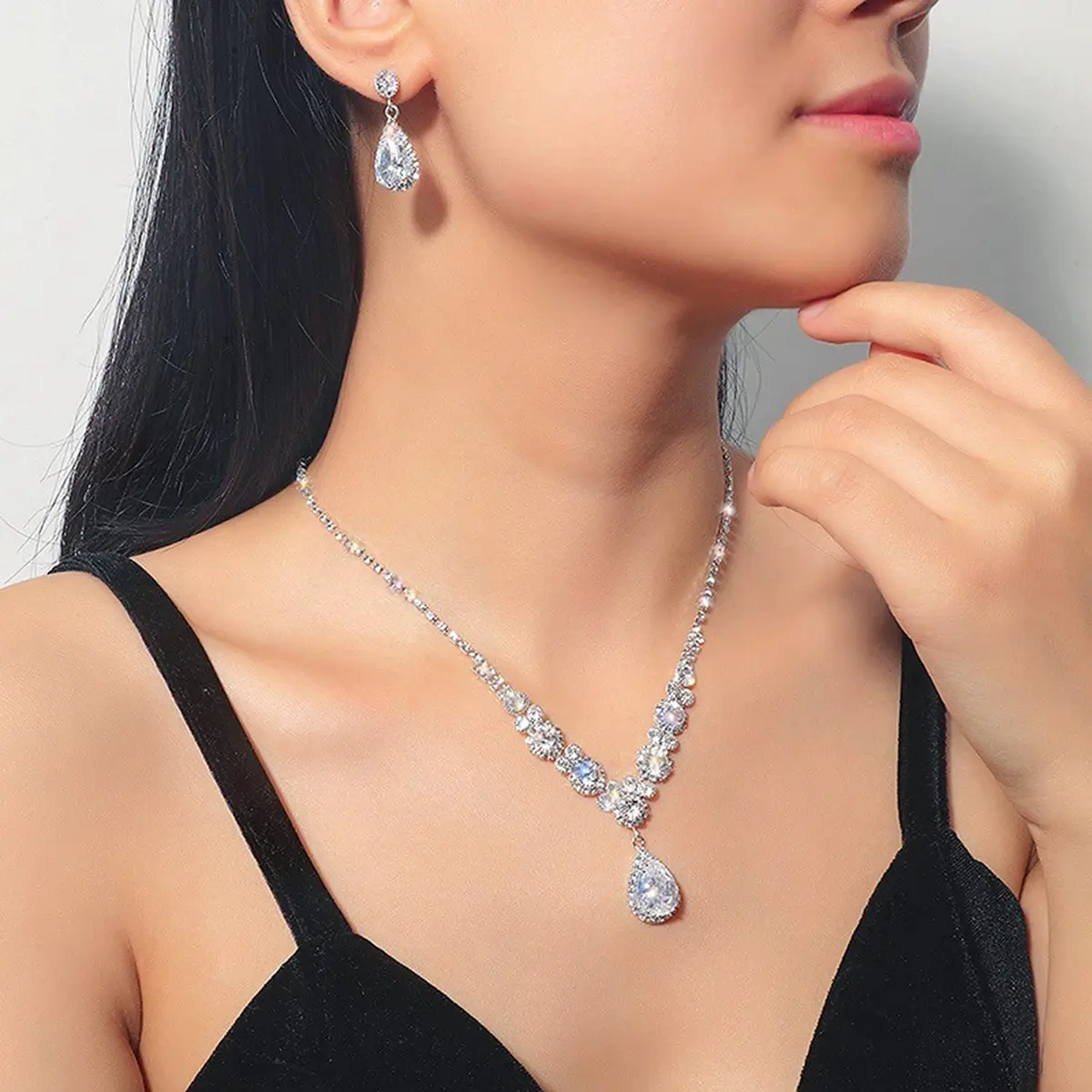 COCIDE Bride Jewelry Set Silver Crystal Wedding Necklace Earrings Bridal Rhinestone Teardrop Pendant Accessories (3 Piece Set, 45cm) - view 4