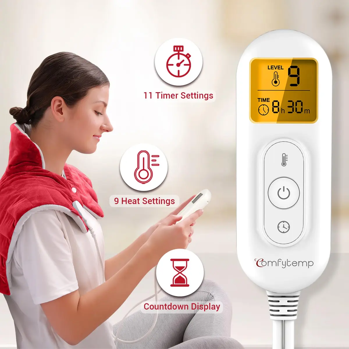 Comfytemp Weighted Heating Pad for Neck Shoulders Back 1.40kg (3.1lb) Red | Fast Heating & Auto Shut-Off - view 4