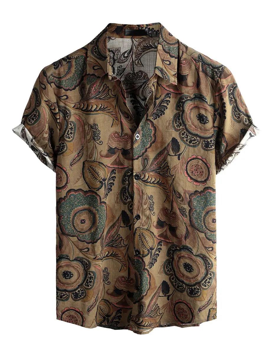 VATPAVE Mens Hawaiian Shirt Short Sleeve Button-Down XL Brown | Tropical Casual Style - main product image