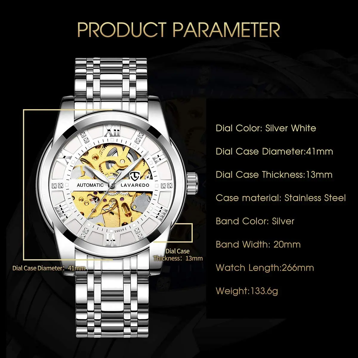 A ALPS Automatic Mechanical Watch for Men, 41mm Stainless Steel Skeleton Dial | Luxury Self-Winding Wristwatch - view 6