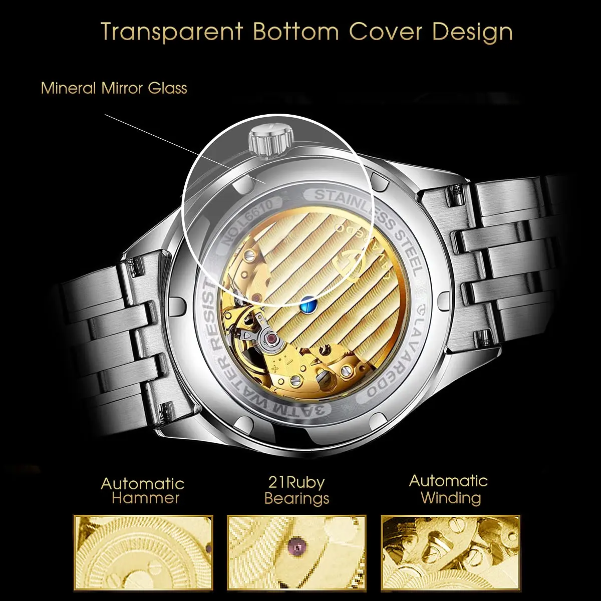 A ALPS Automatic Mechanical Watch for Men, 41mm Stainless Steel Skeleton Dial | Luxury Self-Winding Wristwatch - view 4