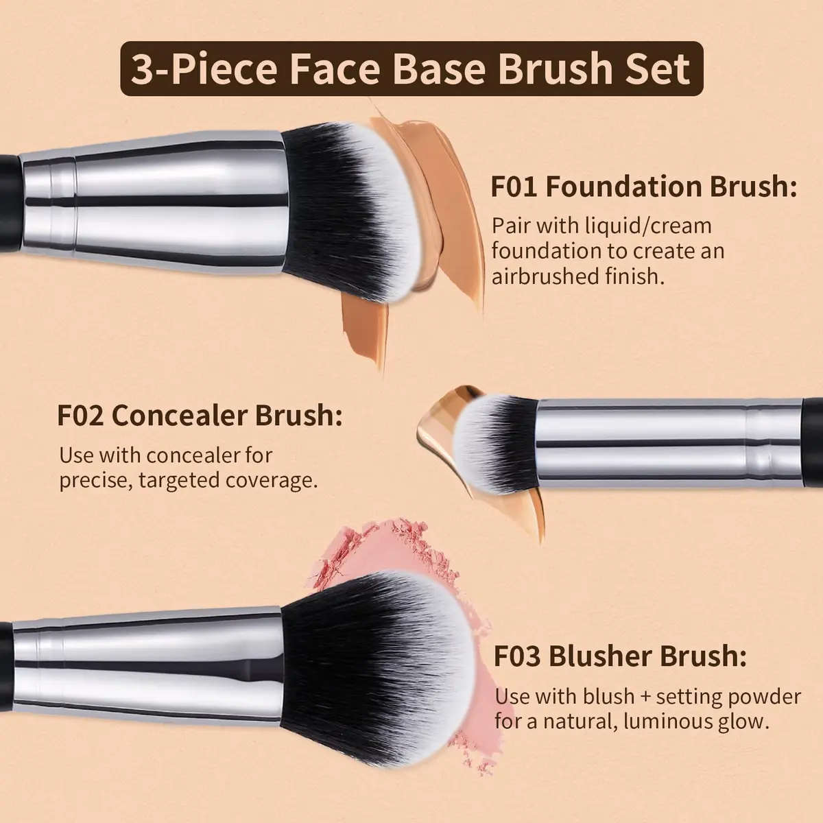 DUcare 3 Pcs Foundation Contour Blush Conceal Brush Set | Synthetic Kabuki Brushes for Liquid, Cream & Powder (Black) - view 2