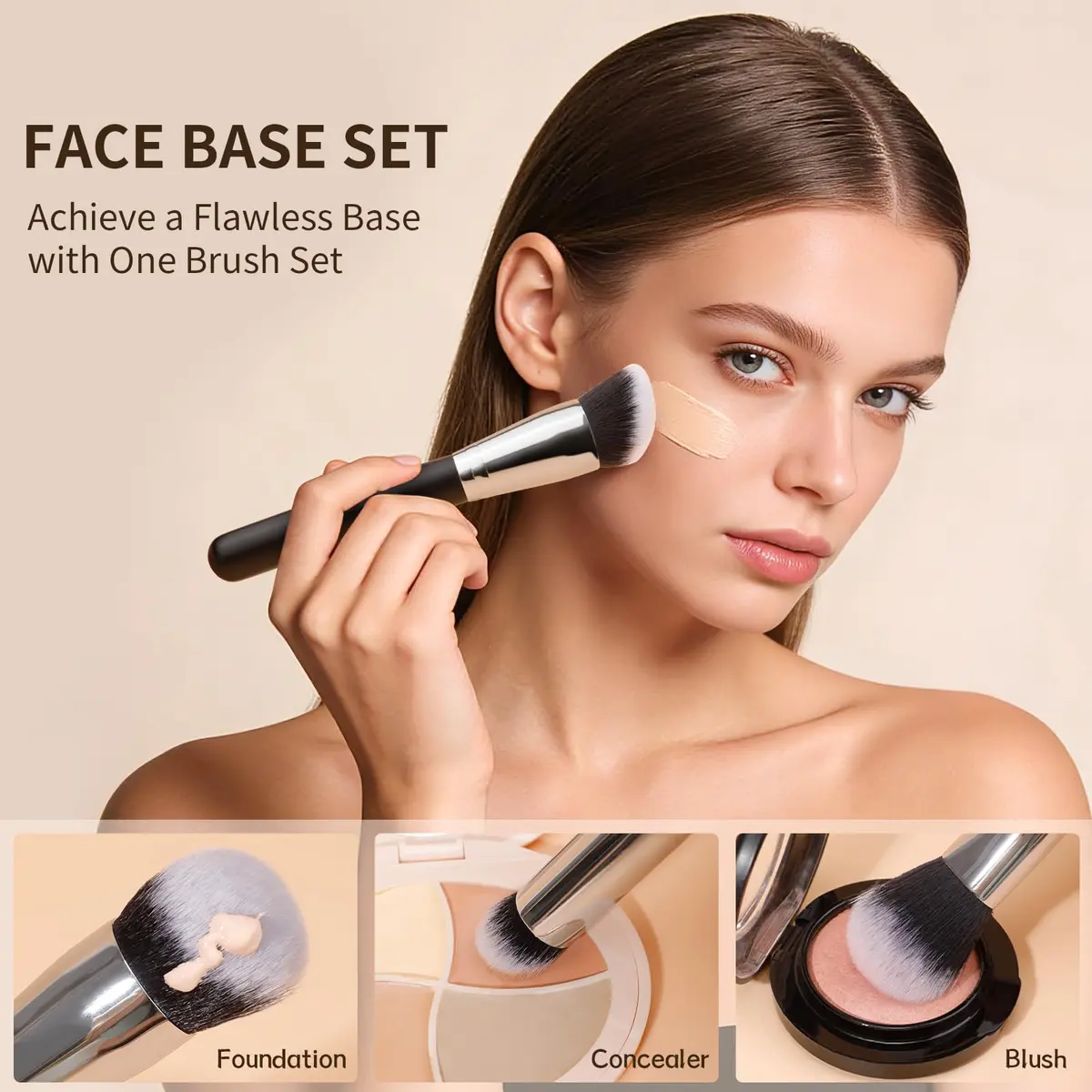 DUcare 3 Pcs Foundation Contour Blush Conceal Brush Set | Synthetic Kabuki Brushes for Liquid, Cream & Powder (Black) - view 3