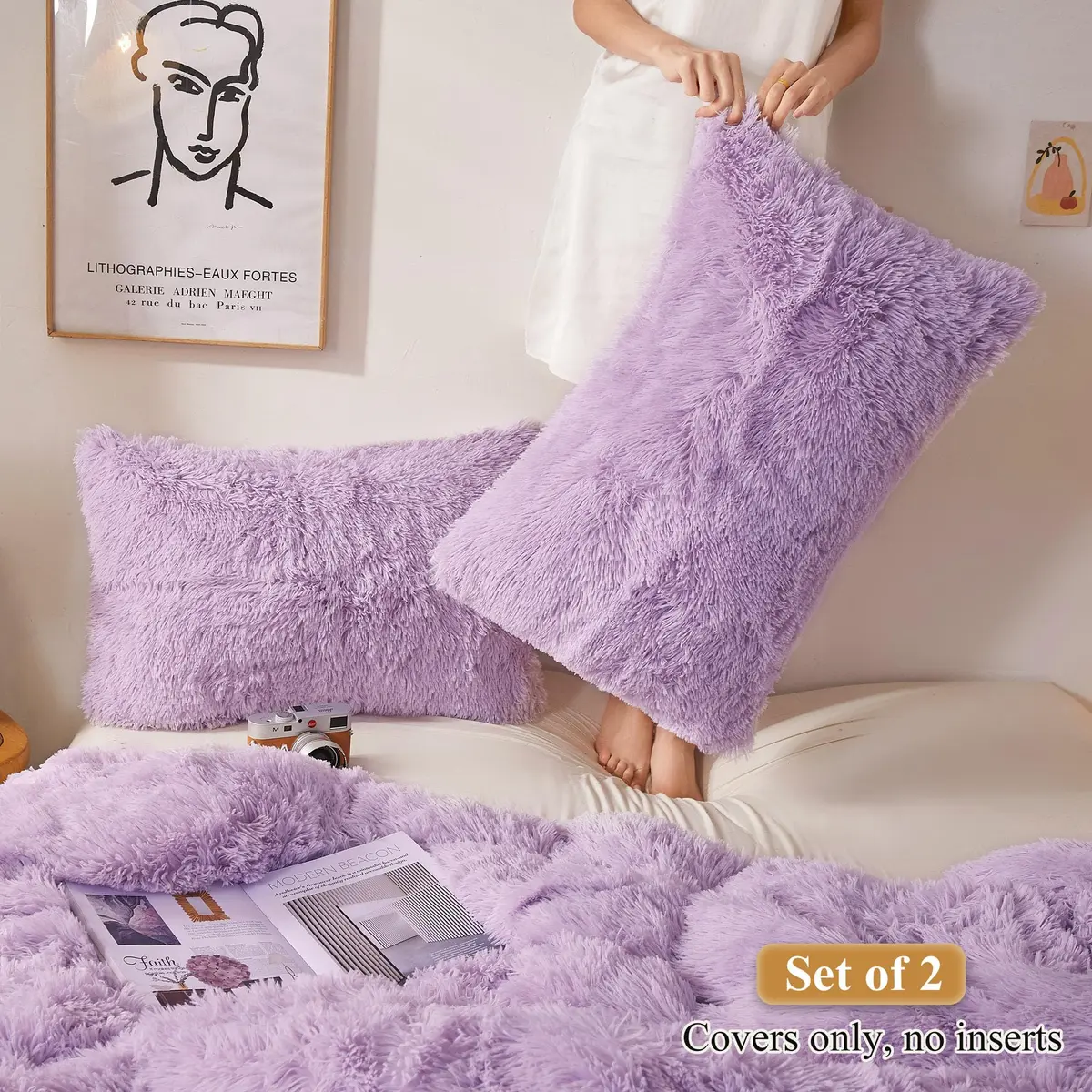 XeGe Fluffy Faux Fur Pillow Cases, Set of 2 Standard Orchid Tint, 51x66cm (20"x26") | Luxurious Soft Plush Decorative Covers - view 2
