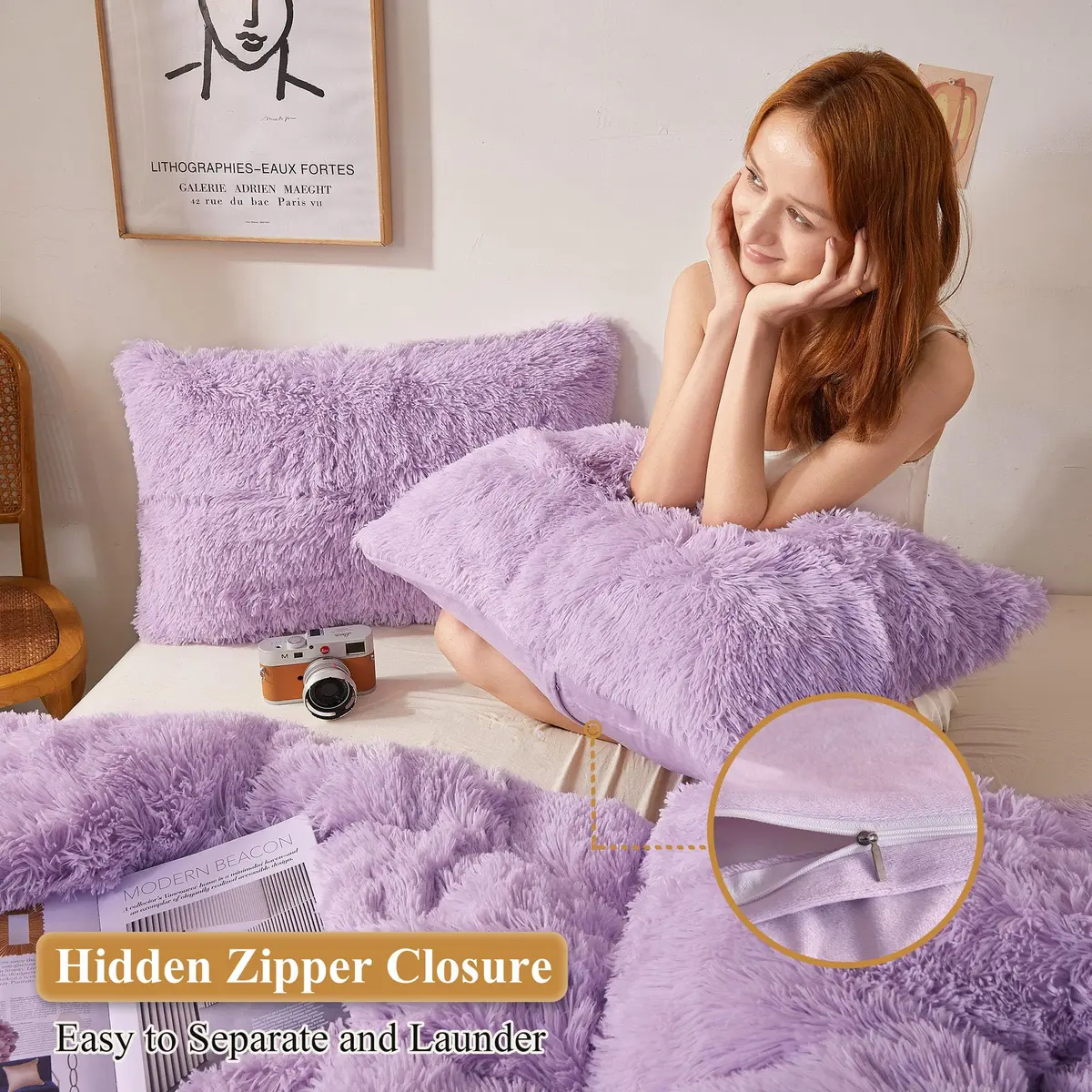 XeGe Fluffy Faux Fur Pillow Cases, Set of 2 Standard Orchid Tint, 51x66cm (20"x26") | Luxurious Soft Plush Decorative Covers - view 3